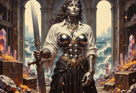 Realistic oil painting of a strong MetalFairy woman,l with metallic chrome skin, She's wearing a leather corset with a flowing white blouse over it, a black leather pleated skirt and black leather boots. The womans strong muscular frame grips a huge sword with one hand it's jagged blade glowing faintly with runic etchings. Her expression is that of amusement, her lips curved up in a smirk.  Adorning her incredible muscular breasts are an arrangement of necklaces with ancient symbols. She stands in large room filled with treasure chests filled with gold and massive multicolored crystals, the windows in the room look down towards a raging sea. Her metallic skin sparkles with crystalline dust, and sweat trickles between her large breasts and huge muscles.