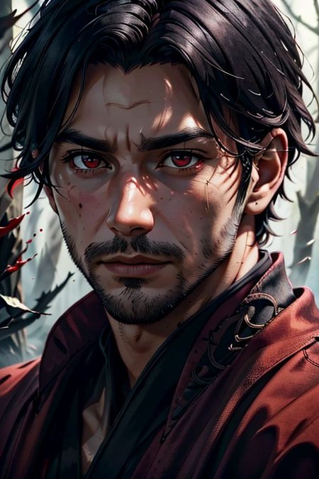 Master piece, highest quality, highest possible OverallDetail, semirealistic, red eyes,
Create an elder of a demonic sect.
The character looks like he is in his late twenties or early thirties. He is handsome.
He has black shoulder-length shaggy hair. 
His outer robe is black and the inner robe is dark red. 
His eyes are dark red. Detailed face. Red robe.
He meditates in nature.
perfecteyes eyes