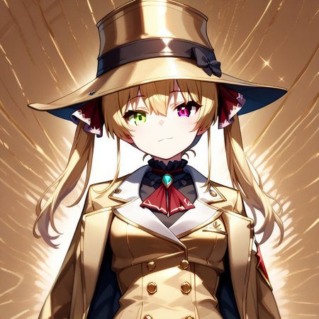 score_9, score_8_up, score_7_up, super aesthetic, rating:safe, rating:general, DeaverStyle, 1girl, solo, aua, red eyes, yellow eyes, heterochromia,  gold clothing, gold hat, fully-clothed, gloves, big coat, illustration, gold, cute, shiny skin, vivid colors, treasure room, gold treasure,