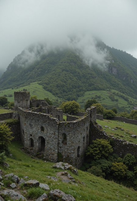 A misty morning scene, showcasing the ruins of a stone structure nestled atop a verdant hill. Low-lying fog drifts across the lush green landscape, creating an ethereal atmosphere. The stone walls are weathered and partially collapsed, hinting at age and history. The overall lighting is soft and diffused, emphasizing the moody and mysterious mood. The style should be photorealistic, with a focus on detail and depth of field. The color palette consists primarily of greens, grays, and muted browns. <lora:VividlySurrealOrigin:0.6> <lora:FluxDFaeTasticDetails:0.6> <lora:42lux-UltimateAtHome-flux-highresfix:0.25>