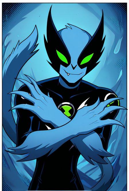 <lora:fastrack-10:1> fastrack, solo, blue skin, green eyes, black bodysuit, claws, green badge, fang, smile, blue background, feline tail, facing viewer, pose,  wide jaw, masculine,, masterpiece, best quality, amazing quality, very aesthetic, absurdres, newest,, upper body, halftone effect, white borders, abstract background:1.2,