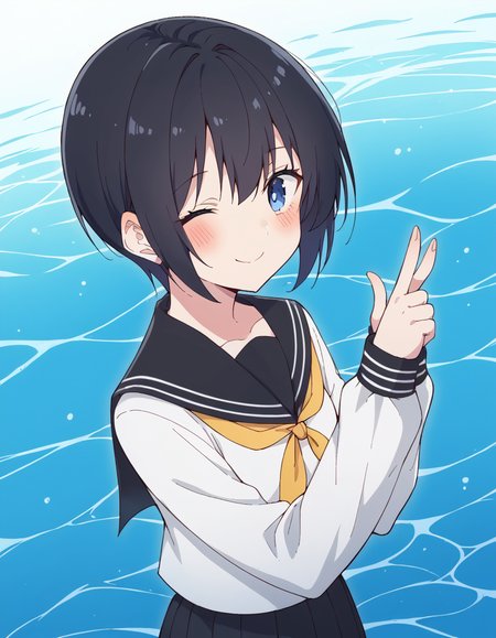 score_9, score_8_up, score_7_up, source_anime, <lora:dimensionalseduction-nonoa-s1-ponyxl-lora-nochekaiser_r1:1>, nonoa, short hair, blue eyes, black hair, mature female,, skirt, shirt, long sleeves, school uniform, pleated skirt, serafuku, black skirt, sailor collar, neckerchief, black sailor collar, yellow neckerchief,, pool, water, swim, float, poolside, , <lora:double-finger-gun-ponyxl-lora-nochekaiser:1>, double finger gun,, blush, smile, one eye closed, from side, looking at viewer, solo,, dutch angle, cowboy shot