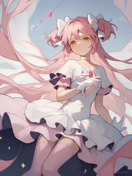 score_9,score_8_up,score_7_up,  <lora:ultimate_madoka:1>ï¼ultimate madoka, hair bow, white dress, white bow, pink thighhighs, long dress, pink dress, bubble skirt, white gloves, white choker, dot nose, sparkle, soul gem, starry sky print, star (sky), pink gemstone,