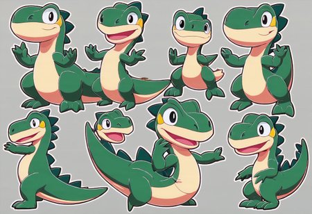 super dynamic character poses, random poses and angles, striking a pose for the camera, striking a pose, looking at viewer, happy, joyful, unconventional, cartoony, nintendo, disney, dinosaur, t-rex, Booger_DinoSML, 1girl, black eyes, no humans, greenish aqua skin, beige belly, beige scales, dinosaur, short, pokemon (creature), scales on back, slim, slender
