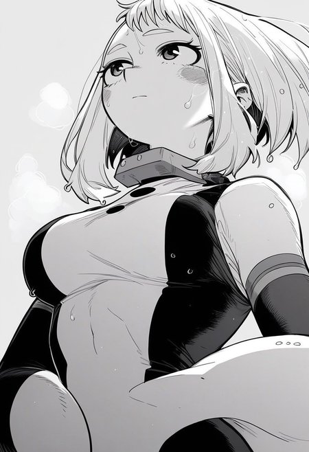 flatshinyskin, score_9, score_8_up, score_7_up , 1girl, 1girl, mosaic censoring, slight seductive pose,, medium breasts, sweating, breasts,, long skirt, 1girl, solo focus, Upper body, hands behind, wet, sweaty, sweating, steam, lying on back, low angle, under boobs, 
ochako_uraraka, 1girl, score_9, score_8_up, score_7_up, Monochrome, ANIMESTYLE ,bodysuit, solo focus, perfect body, curvey, thick waist, thick body, skin tight dress, , front view, front focus,
 ((facing up, looking upwards)), arched back, leaning backwards