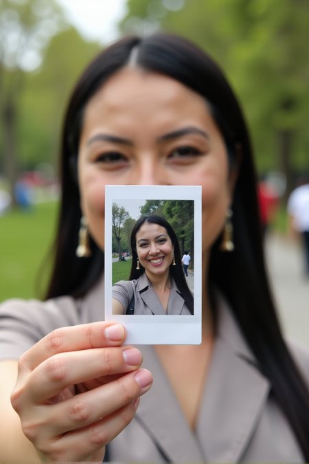 A woman, Ezada, is holding a Polaroid photo of herself in front of her face. The background of the image is blurred, showing a park or outdoor setting with trees and people in the distance. The focus is on the Polaroid, creating a visual contrast between the sharp, happy image in the photo and the blurred, real-life background behind it.<lora:Mistress_Ezada_Sinn:1>âââ