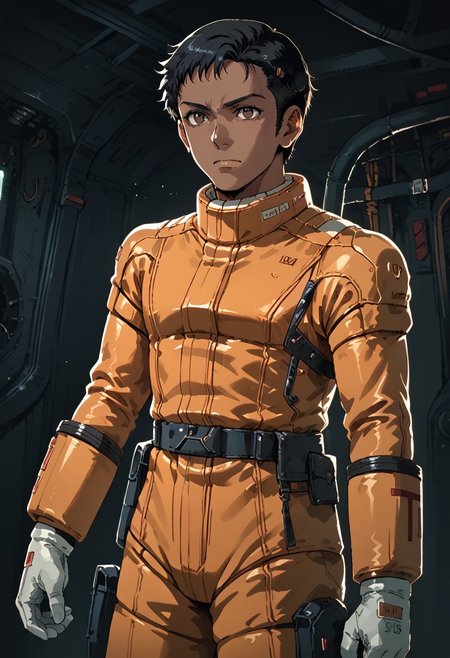 score_9, score_8_up, score_7_up, score_6_up, score_5_up, score_4_up, source_anime, kneeland_lesean, brown eyes, black hair, brown skin, fatigues, zgundam pilotsuit,