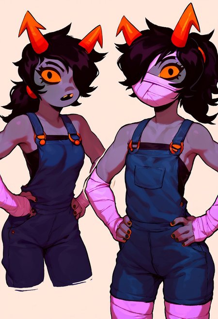 score_9, score_8_up, score_7_up, 1girl, Polypa Goezee, bandaged face, bandaged arms, bandaged legs, black hair, ponytail, small breasts, horns, yellow eyes, petite, muscular, hands on hips, looking at viewer, raised eyebrow, bandages over eye, black overalls, looking at viewer, grey colored skin, white background, homestuck troll