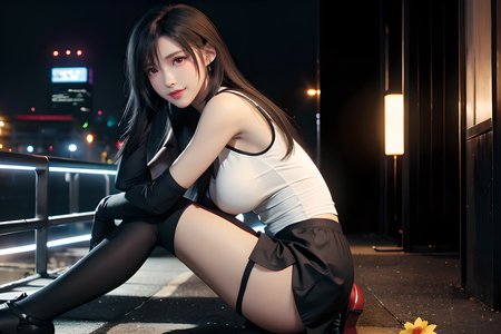 pureerosface_v1,ulzzang-6500,corneo_covering_breasts_one_arm, ass, <lora:koreanDollLikeness:0.15>, <lora:tifa_v2.3:0.7>, (8k, best quality, masterpiece:1.2), (realistic, photo-realistic:1.37), ultra-detailed, 1 girl,cute, solo, ((tifa lockhart,tifa tifa lockhart's sporty dress)), (big breasts),(beautiful detailed eyes), (smile:1.2), (closed mouth), arms behind back, neon lights, cityscape, depth of field, dark intense shadows, sharp focus, cars, motion blur, motor bikes, depth of field, good composition, green glowing light, Final Fantasy VII, dating,(nose blush), single elbow pad, black hair, red shoes, muscular,abs,taut shirt,black skirt, thighhighs, full body, head rest, lips, pretty face, low-tied long hair, ((red_eyes)), yellow flowers, (night:1.3), intricate, bokeh, cinematic lighting, photon mapping, radiosity, physically-based rendering, (Tetsuya Nomura style), Best quality, full body portrait, delicate face, pretty face, 25 year old woman, slim figure, small bust, OL uniform, office clothes, black stockings, outdoor scene, sitting position