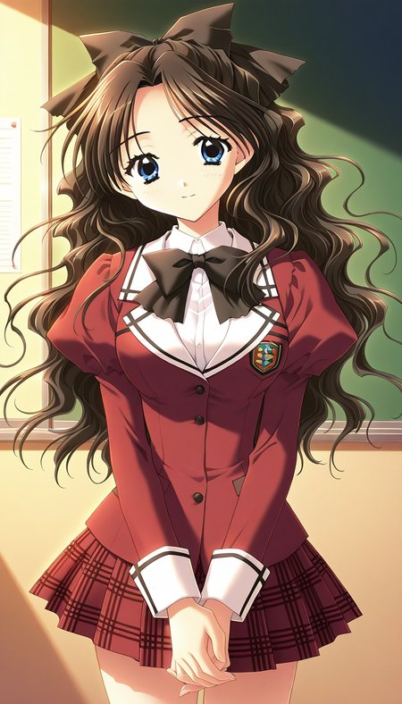 general,highres, ultra-detailed,very aesthetic,best quality ,best hands,  BREAK <lora:Shirai_Yuuri_IS:1>ShiraiYuuri, 1girl, long hair, brown hair, blue eyes, hair bow, ribbon, black hair, wavy hair, hair ribbon, breasts,light smile,
 school uniform, red skirt, black bow, plaid, plaid skirt, long red sleeves, bowtie, pleated skirt, own hands together, jacket, puffy sleeves,
crass room,