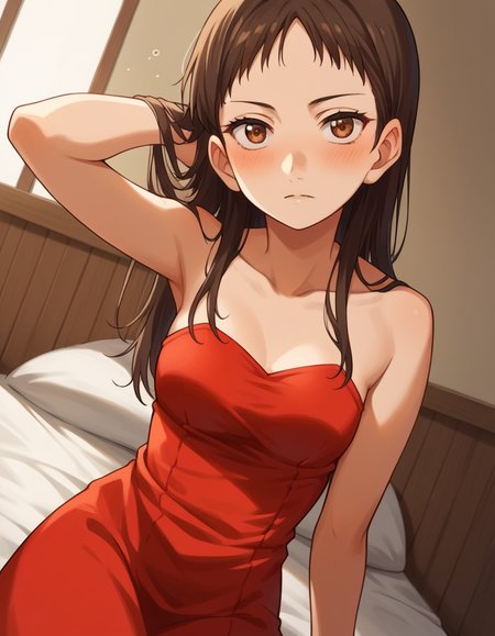 score_9, score_8_up, score_7_up, source_anime, <lora:emi-igawa-s1-ponyxl-lora-nochekaiser:1>,, emi igawa, long hair, brown eyes,, dress, red dress, collarbone, bare shoulders,, indoors, bed, bed room, on side, blush, drunk,, , looking at viewer, hand behind head, solo,, cowboy shot, dutch angle