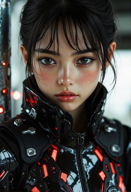 hyper-realisitic, hyper-detailed, detailed clothing, detailed foreground,  RAW photo, detailed foreground, detailed clothing, detailed lighting, aidmaHyperrealism, aidmamj6.1, anatomically correct,  curvy female, midjourney_whisper_innocent_eyes,
A hyperrealistic close-up portrait of a cyberpunk woman dressed in glossy black armor accented with glowing red lights. Her hair is tied back in a sleek ponytail, with loose strands framing her symmetrical face. Her soft brown eyes are intense, framed by sharp eyeliner and faint metallic shimmer on her eyelids. The texture of her armor is intricate, with hexagonal patterns and faint scratches visible on its surface. The lighting creates a dramatic contrast, with the glowing red accents reflecting off her armor and illuminating her delicate features. The blurred background reveals hints of a futuristic cityscape, with faint neon lights and metallic surfaces adding depth to the scene.
 <lora:FluxDFaeTasticDetails:0.3> <lora:midjourney_whisper_innocent_eyes_v01:0.9>