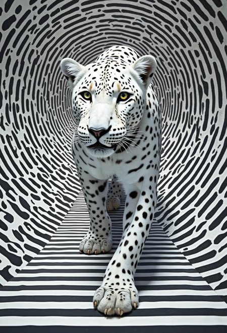 A captivating optical illusion of a white leopard standing against a mesmerizing backdrop of alternating white and black spots like leapord skin. The close up leopord pose, creates an illusory sense of motion amidst the static pattern. The stripes rise from the bottom, giving the impression of an infinite upward journey, merging art and perception in a visually striking manner.
