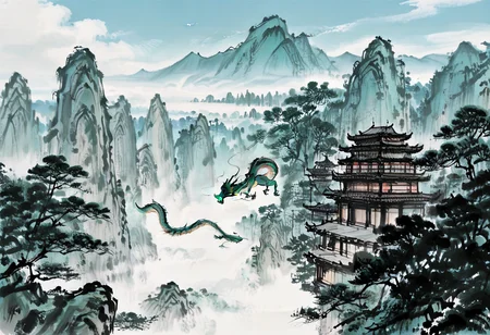 1other, eastern dragon, east asian architecture, <lora:Ink_wash_painting_style_v2.0:1> cityscape, mountainous horizon, day, forest, flying, 
BREAK
very awa, masterpiece, best quality, absurdres, newest, perfect quality, detailed background, intricate details,