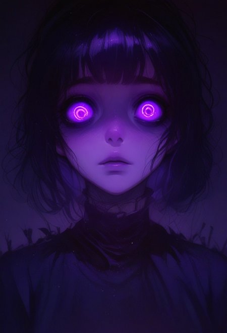 score_9, score_8_up, score_7_up, source_anime, 1girl, (half body view:1.3), purple eyes, glowing eyes, pupils, horror style, perfect composition, artstation, intricate, highly detailed, black color, purple color, inking, gradient, 
Expressiveh