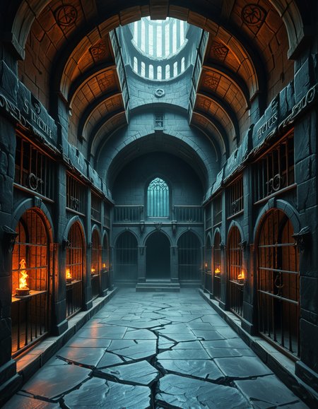Deep within the necromancerâs fortress lies the Cell Block of the Damned, an endless crypt of imprisonment where no living beings resideâonly echoes of suffering and the restless remains of those long forgotten. The architecture is grotesque and unnatural, a fusion of blackened stone, rusted iron, and calcified bone, as if the walls themselves were formed from the fused remains of the dead. The air is cold, stale, and thick with an unnatural mist that coils like spectral fingers along the cracked floor.
Endless rows of iron-barred cells line the cavernous chamber, their interiors cloaked in unnatural darkness. Some cells contain skeletal figures, shackled in rusted chains, their hollow eye sockets glowing faintly with eerie green or crimson light. Others house shadowy wraiths, their indistinct forms flickering like dying embers, bound by ancient runes etched into the very fabric of the stone. A few cells appear completely empty, yet whispers emanate from withinâechoes of prisoners that no longer exist, but whose agony remains imprinted upon reality itself.
The walls pulse faintly, veins of necrotic energy coursing through their surface, feeding upon the despair and suffering trapped within. Chains dangle from the ceiling, some still swinging slightly as if disturbed by unseen forces. Along the floor, pools of black ichor seep from cracks in the stone, shifting unnaturally as if alive, swallowing anything that lingers too long.
At the heart of the chamber stands a monolithic iron cage, its bars twisted and gnarled, as though shaped by something with no regard for natural law. Inside, a shifting mass of bone, spectral energy, and dark mist writhes in eternal torment, its presence a gravitational wound in reality itself. The cage hums with an ominous resonance, its locks sealed with infernal sigils that glow with unholy fire, ensuring that whatever lurks within remains containedâfor now.
Above, an ancient stone archway looms, inscribed with ever-changing runes that bleed a slow, black liquid. Beyond it, the corridor stretches endlessly, shrouded in a choking fog where shapes move in the distance, watching, waiting. No footsteps ever echo in this place. No voices call out. Only the whispers of the forgotten, the endless creaking of rusted metal, and the sensation that somethingâsomething old, something hungryâis always watching.
This is not a prison.
It is a tomb for souls, a place where the dead are left to fester, to wither, and to become something else.
Style & Mood :
- Dark fantasy, gothic horror, necromantic aesthetics
- Cinematic, highly detailed, eerie lighting
- Infernal atmosphere, filled with shadows, glowing runes, and spectral entities
- Inspired by the works of ZdzisÅaw BeksiÅski, H.R. Giger, and dark medieval occultism
 <lora:SDXLFaeTastic2400:0.4> <lora:extremely_detailed:0.4> extremely detailed,<lora:necromancer_c3ll_bl0ck:1>,necromancer c3ll bl0ck, Masterpiece,best quality,hi res,8k,hi res,8k,award winning,(sharp focus, intricate, highly detailed),