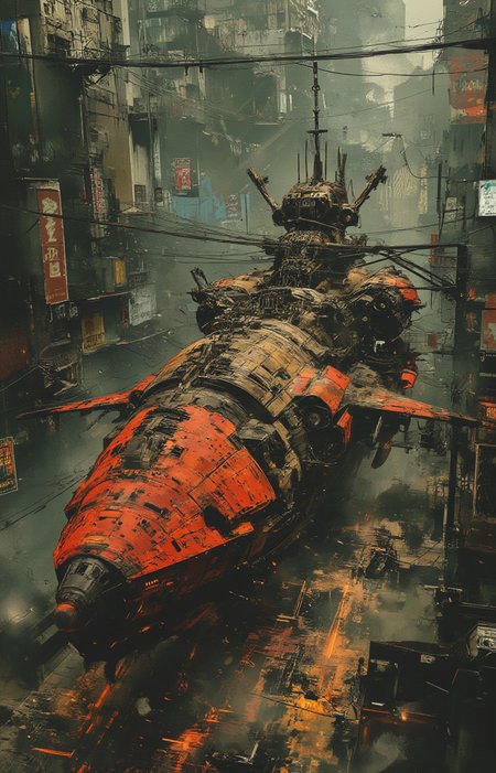 a large intricately designed spaceship or aircraft predominantly colored in shades of red and gray. The background depicts a bustling urban environment with various buildings billboards and signs in different languages suggesting a multicultural cityscape. The medium appears to resemble digital art given the precision and the level of detail.  <lora:Luminous_Shadowscape:.8> <lora:- Flux1 - the_edgy_mech_V1.0-step00008200:.8>