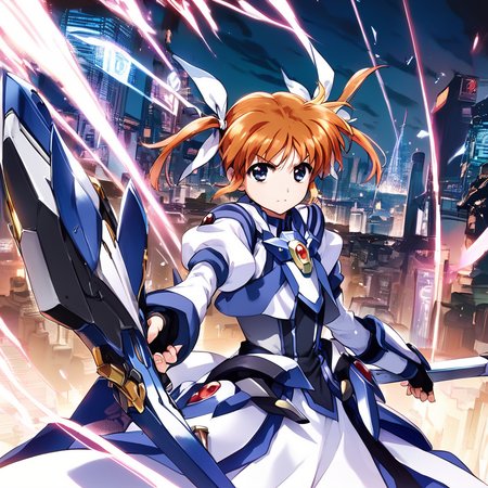 score_9, score_8_up, score_7_up, score_6_up,  source anime,
nanoha,1girl,,masterpiece,best quality,solo,gloves,armor,dress,puffy sleeves,long sleeves,blue Hand armor,black gloves,fingerless gloves,weapon,cityscape,
 <lora:pony_xl_nanoha:1>