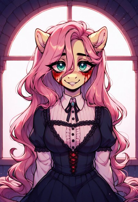 core_9, score_8_up, score_7_up, score_5_up,  score_pastel, ((masterpiece)), ((best quality)), (high detail), (ultra detail), Fluttershy, anthro pony, (close-up face:1.2), gentle smile, (bloody tears:1.3), half-closed eyes, colorful and vibrant blood dripping, pastel gothic style, flowing mane, sitting by the window with blood-stained clothes, cinematic composition, dark and gloomy background with soft red lighting, intricate detailed shading, painterly brush strokes, glowing reflections, melancholic atmosphere, (spooky but beautiful), soft misty ambiance, horror elegance, dramatic lighting, perfect body proportions