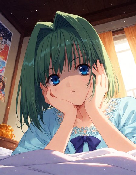score_9, score_8_up, score_7_up, masterpiece, best quality, absurdres, official art, official style, (anime coloring, anime screencap, megami magazine, flat color:1.3), zPDXL2, zPDXLxxx,
<lora:Nanase_Aoi_Style_Pony_v1:1.0>, 1girl, solo focus, Nanase_Aoi_Style
bedroom, on bed, bed sheet, dim lighting, light particles, (from below:1.3), looking at viewer, dutch angle, 
, hand on own face, indoors, pov, out of frame, blue eyes, bed, :|, close-up, shaded face, eyes visible through hair, curtains, portrait, serious, closed mouth, hand on own cheek, fingernails, green hair, glowing, poster (object)