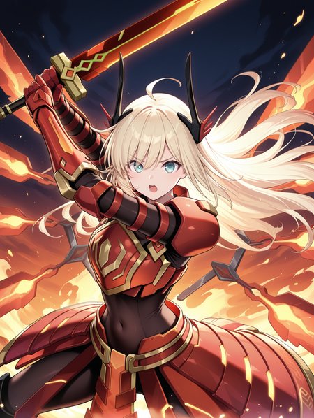 sky striker ace - raye,red power armor,mecha musume,official alternate costume,1girl,solo,fighting stance,red huge sword,holding red huge sword,open mouth,covered navel,looking at viewer,fire,floating hair,black bodysuit,weapon over shoulder,serious,red headgear,red sword wings,red armored gloves,red breastplate,
masterpiece,best quality,amazing quality,very aesthetic,absurdres,newest,<lora:Sky striker ace - kagari illusXL v1:0.7>,