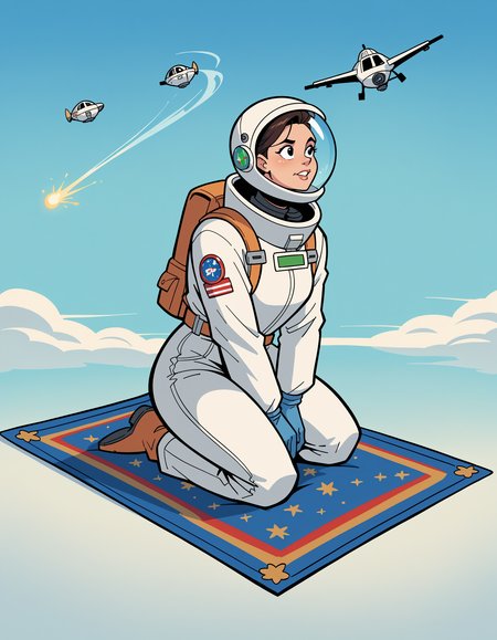 score_9, score_8_up, score_7_up, score_6_up, score_5_up, score_4_up, 1girl, solo, The Daring Astronaut, Suited up in a form-fitting spacesuit, her gaze fixed on faraway galaxies, she explores the universe while embodying the ultimate fusion of strength and sensuality ,  hud_fly1ng_c4rpet, facing viewer, flying, kneeling, magic carpet, sky, <lora:hud_fly1ng_c4rpet_XLP:0.7> ,