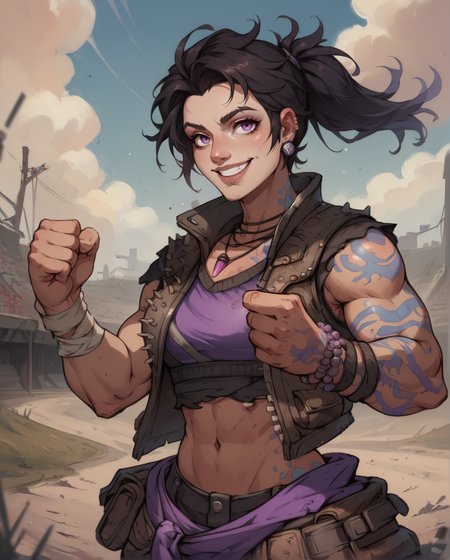 score_9,score_8_up,score_7_up,
Amara,black hair,ponytail,toned,blue left arm tattoo,smiling,purple eyes,
right fingerless glove,ear piercing,midriff,crop top,torn clothes,vest,bracelet,pants,necklace,belt,
standing,upper body, clenched hand, 
wasteland,stadium,
wasteland,<lora:Amara:1>,