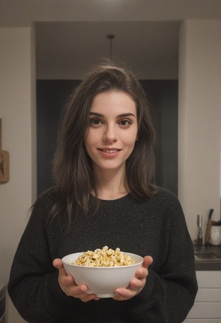 30yo woman wearing black sweater with white textures holding a bowl of popcorn
long black dark hair slick back and smooth. Kissface. 
smile. Looking at camera. POV
Kitchen. Fully furnished.
Night time.