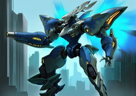 sfw, masterpiece, best quality,absurderes,no humans,arm cannon,dorugoramon mecha,thrusters,solo,robot focus,outdoors,city,cyberpunk 2077  <lora:DorugoramonIllustrious:0.9>