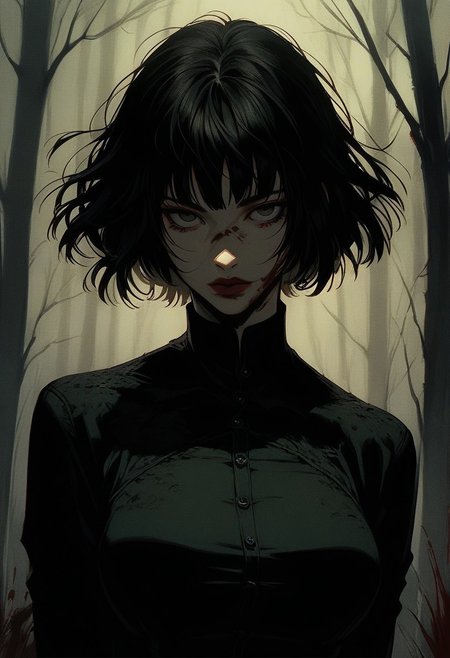 score_9, score_8_up, score_7_up, score_6_up, gthan, gthan, 1girl, solo, black hair, looking at viewer, short hair, bangs, closed mouth, dress, black eyes, dutch angle, red lips, fair skin, big breasts, dark forest, dappled moonlight, upper body, blood, lowered head