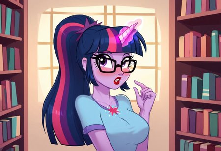 by scorpdk, scorpdk, score_9, score_8_up, score_7_up, score_6_up, score_5_up, score_4_up, source_furry, source_pony, rating_safe, humanized, equestria girls,  female, 
solo, 1 girls, 
Twilight Sparkle Pony looking shocked, home library background.  MLP. EG.  horse ears.  glowing unicorn horn, wings, pony tail hair, glasses, 
 red lipstick.  bedroom background, 
looking at viewer, 
 blush, big_breasts,