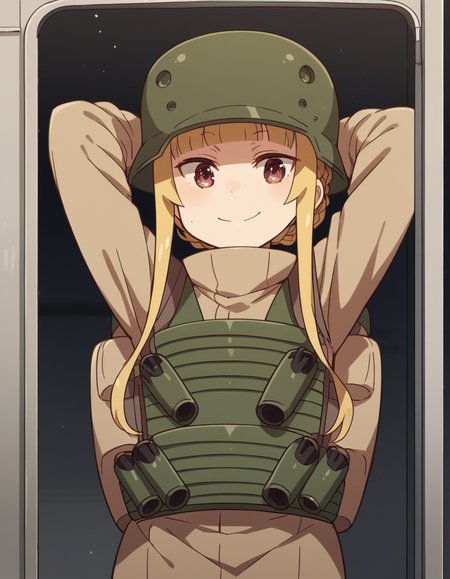 score_9, score_8_up, score_7_up, source_anime, <lora:fukaziroh-s1-ponyxl-lora-nochekaiser:1>, fukaziroh, blonde hair, brown eyes, braid, hair bun, single hair bun,, uniform, military, military uniform, helmet, load bearing vest, bus stop, waiting, commuter, smartphone, checking time, cold morning, smile, , hands behind head,, solo,, cowboy shot, dutch angle,
