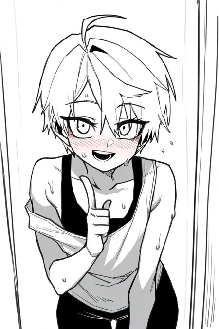 Score_9, score_8_up, score_7_up, masterpiece, best quality, newest, absurdres, highres,HongiLtak, sweat, solo, male focus, 1boy, looking at viewer, blush, ahoge, open mouth, leaning forward, short hair, smile, index finger raised, tank top, collarbone, monochrome