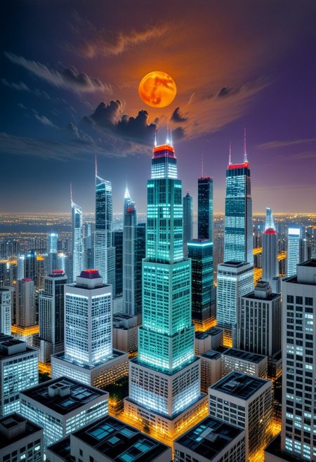 dark-orange cloud lumened by city, bright moon dark gray, purple sky; sky scrapers square and rectangular skyscrapers with white frequent square windows, shades of skyscraper windows: light green, light blue, dark blue, dark turquoise. The roofs of skyscrapers from dark squares to squares are illuminated with a dim blue square border, some of the skyscrapers are topped with red lights in the corners, one skyscraper with a red diode above it warning aircraft.