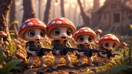 cartoon, cinematic movie scene, group of cute mushrooms with big eyes and small arms holding tmmygn submachine guns, sunrise, warm light, 
 <lora:Thompson_Submachine_Gun_-_1928_SDXL:0.8> <lora:Cute_3D_Cartoon:0.8>