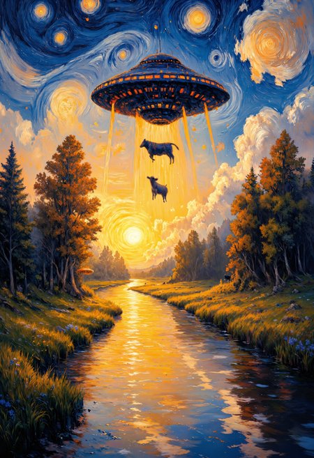 A vibrant, impressionist-style painting of a UFO hovering above a forested landscape at twilight, with swirling, star-filled skies in the style of Van Gogh’s Starry Night. The UFO emits beams of light, lifting a cow into the air. In the foreground, a serene river reflects the golden hues of the sunset. The painting captures the surreal and fantastical elements with bold, swirling brushstrokes.
