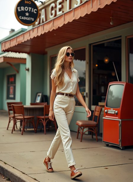 Hyperrealistic art a high-resolution photograph capturing a young woman walking on a sidewalk in front of a vintage-style store. She has long, wavy blonde hair and is wearing a fitted, cream-colored, button-down shirt that is tucked into high-waisted cream-colored trousers. Her outfit is completed with brown loafers and brown and white sneakers. She accessorizes with large, dark sunglasses and a thin, delicate necklace. Her makeup is subtle, with a natural look. The background features a teal-painted building with a red awning and a sign that reads "Electronic Gadgets" in white letters. The store has large windows with red frames and a red vintage-style television set inside. The sidewalk is clean and paved, with a few wooden chairs and tables set up outside the store. The atmosphere is casual and relaxed, with a hint of retro charm. The overall color palette is muted, with earth tones and pastels, giving a nostalgic feel. The photograph captures a moment of everyday life in a quaint, possibly small-town setting, with a focus on the womanâs casual yet stylish attire. <lora:add-detail-xl:.5>  <lora:Flux-style-xl-lora:.5>