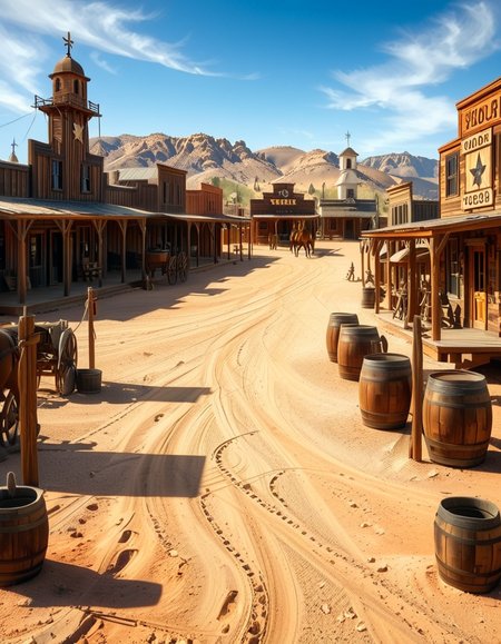 A classic Wild West town in the late 1800s, surrounded by arid desert and towering rock formations. The dusty main street is lined with wooden buildings, including a saloon with swinging doors, a sheriffâs office with a star emblem, a general store with a wooden sign, and a blacksmithâs shop with tools hanging outside. Old-fashioned wooden wagons are parked along the street, and a few horses are tied to hitching posts. The atmosphere is lively, with cowboys wearing wide-brimmed hats, boots, and leather dusters walking around, some talking near the saloon while others ride horses. The sky is bright blue with a few wispy clouds, and the sunlight casts long shadows on the ground. In the background, a water tower stands tall, and a windmill slowly turns in the breeze. The scene is full of rustic details, evoking the adventurous spirit of the American frontier.<lora:SDXLFaeTastic2400:0.4> <lora:extremely_detailed:0.4> extremely detailed, <lora:Western_v1ll4g3:1>,Western v1ll4g3, Masterpiece,best quality,hi res,8k,hi res,8k,award winning,(sharp focus, intricate, highly detailed),