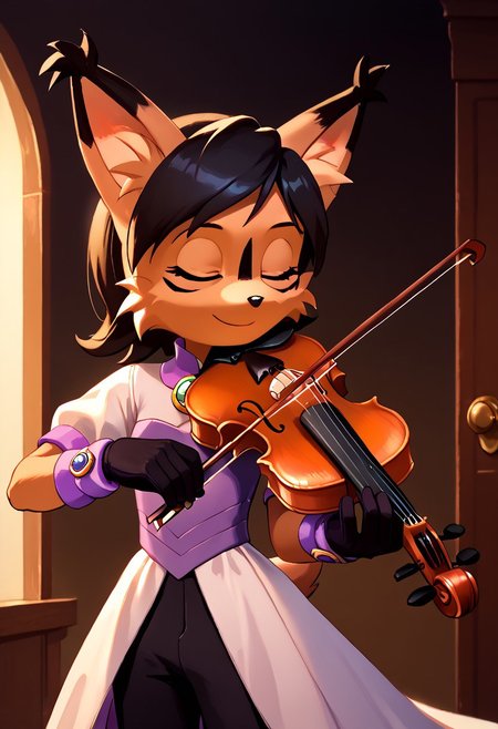 score_9, score_8_up, score_7_up, masterpiece, best quality, good quality, highly detailed, absurdres, smooth, detailed concert hall background, oudoor open air concert hall, spotlight, 1 girl, solo, nicole the lynx, flora-twokinds, anthro, long dress, (playing-violin, violin, holding, bow \(music\), playing violin),  short sleeve dress, closed eyes, brown body fur, black short hair, green eyes, black facial mark, brooch, strapless split dress, purple cuffs, black and white gloves, black pants, black and white boots, smiling, swaying flowing pose,