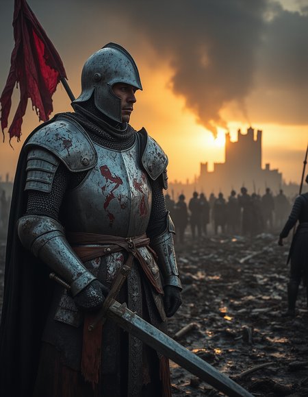 Imagine an image of a battle-worn knight, his ornate steel armor covered in deep gashes and dried blood, dented from countless battles, standing in a mud-soaked medieval battlefield at the break of dawn. His right hand grips a massive longsword, the hilt wrapped in fraying leather, while his left arm clutches a broken shield emblazoned with a faded heraldic emblem. His face, partially shadowed by his helmet’s raised visor, reveals a solemn expression with a scar running down his left cheek and weary, piercing blue eyes staring at the horizon. The ground is littered with shattered weapons, fallen banners, and the bodies of soldiers, while a cold wind stirs the tattered remains of a crimson war flag caught on a jagged spear. Thick clouds of morning fog cling to the ground, illuminated by the soft golden light of a rising sun cutting through the mist. The far-off silhouette of a smoldering castle stands against the gray sky, smoke curling from its ruined towers. The image is hyper-realistic with heavy chiaroscuro lighting emphasizing the contrast between the golden dawn and the battlefield’s murky depths.