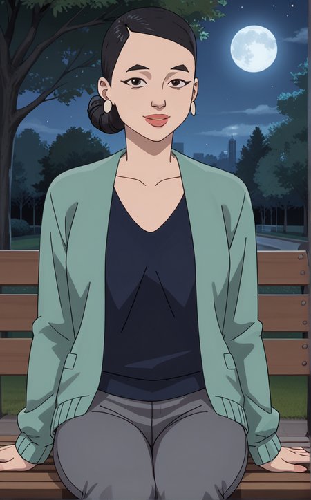 score_9, score_8_up, score_7_up, absurdres,a female sitting on a bench in the park at night, looking at viewer, smiling, sitting, on bench, breast grab, outside, park, trees, moon, starry night, <lora:PONYXL_Invincible_DebbieGrayson_ownwaifu:1>, BREAK GreenSuit_DebbieGrayson_ownwaifu, 1girl, asian, black eyes, black hair, black shirt, green suit, lips, mature female, nose, thick eyebrows, jewelry, earrings, single hair bun, short hair, lipstick, collarbone, grey pants, green cardigan, long sleeves, makeup, formal, red lips, v-neck, hair bun, open clothes,  <lora:add-detail-xl:0.15>,