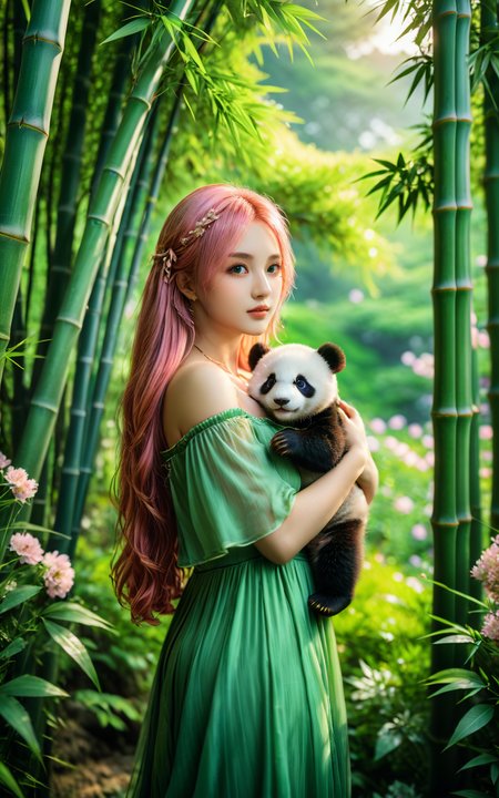 <lora:yuukananri-base-02-XL:0.7>,upper_body,yuukananri,1girl with long pink hair,green eyes,wearing an elegant green long dress,holding her baby panda in her arms,standing in a lush bamboo forest surrounded by vibrant flowers and greenery,realistic photography style,cinematic photo peering through the trees with depth of field blurring effect,natural light,35mm photograph,film,professional,4k,highly detailed,Golden hour lighting,Depth of field F2,Rule of Thirds Composition,best quality,ultra-detailed,masterpiece,Cinematic Lighting,<lora:detailed_notrigger:1>,<lora:xl_more_art-full_v1:0.7>,