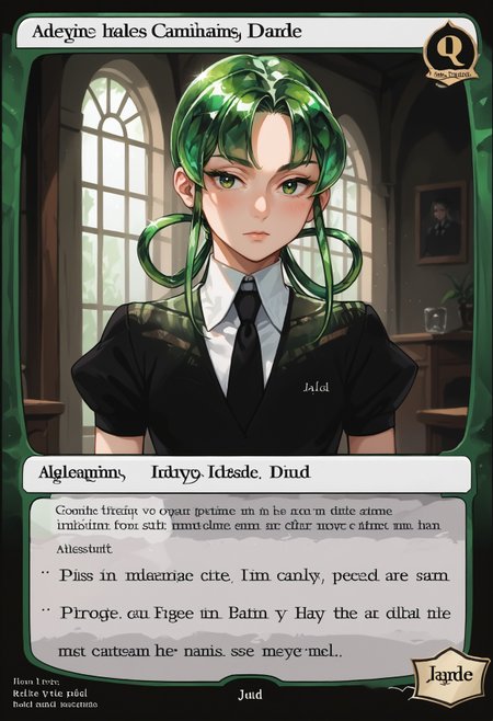 c4rd,english text,character name,
standing, upper body, portrait, indoors, dark,
hskjd, green eyes, white skin, crystal hair, colored eyelashes, long hair, hair rings, black shirt, puffy short sleeves, collared shirt, black necktie, black shorts, white belt, grey kneehighs, black footwear
,score_9,score_8_up,score_7_up, source_anime,
 <lora:MTG_card_v2:1>   <lora:Hoseki_HousekiNoKuni_Jade_PDXL_v1:1>