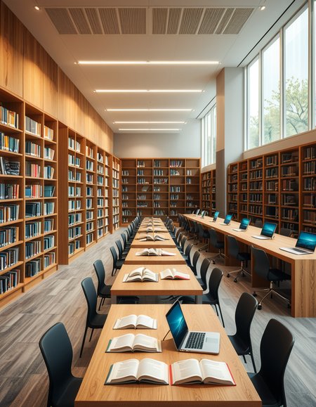 A high-resolution, ultra-realistic photograph of a modern college library interior. The scene showcases a spacious, open-plan design with large floor-to-ceiling windows allowing natural daylight to flood the space. The architectural style is contemporary, featuring minimalist furniture with clean lines: sleek wooden tables, ergonomic chairs in neutral tones (gray and beige), and built-in bookshelves made of light oak wood.
In the foreground, a group of diverse students (varied ethnicities and genders) are quietly studying, some using laptops, others reading books, with focused, calm expressions. One student is sipping coffee from a reusable cup.
The background displays rows of neatly organized books, indoor plants adding a touch of greenery, and modern pendant lights hanging from the ceiling, providing warm, ambient lighting. The floor is covered with soft gray carpet, and large abstract paintings decorate the walls, contributing to a cozy and intellectual atmosphere.
The overall mood is peaceful, studious, and inspiring, with balanced natural and artificial lighting, crisp details, and realistic textures, captured as if by a professional architectural photographer using a full-frame camera.
 <lora:SDXLFaeTastic2400:0.4> <lora:extremely_detailed:0.4> extremely detailed,<lora:modern_c0ll3g3_l1br4ry:1>,modern c0ll3g3 l1br4ry, Masterpiece,best quality,hi res,8k,hi res,8k,award winning,(sharp focus, intricate, highly detailed),