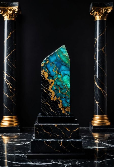 Fujifilm XT3, Sony A7 IV, (award winning photography) a (black: 0.89) marble hand made of opal (Kintsugi: 0.89) set on a pedestal in temple, glistening. in the background beautiful pillars, divine (iridescent: 0.79), opalescent textures, volumetric light, ethereal, sparkling, studio photo, highly detailed, sharp focus (highest quality: 1.39) (highest coherency: 1.39) (award winning photography), highly detailed photography, (muted colors, cinematic, dim colors, soothing tones:1.2), vibrant, insanely detailed, hyperdetailed, (dark shot:1.2), (vsco:0.3), (intricate details:0.9), (hdr, hyperdetailed:1.2) (vignette), sss, raw photo, fijifilm, kodak, cinematic film grain