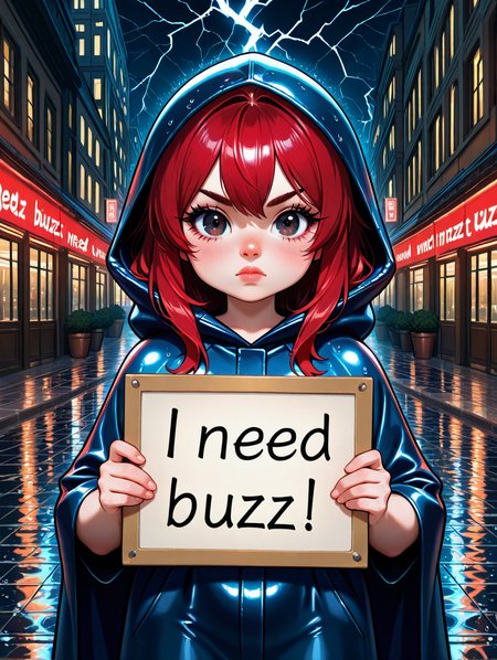 1 girl, tiny girl, anime style, chibi, kawaii, caricature, front view, looking at viewer, cowboy shot, red hair, loose hair, dark eyes, serious, outdoor, city, street, blue waterproof cape, hood on, raining, dark sky, masterpiece,best quality,amazing quality,very aesthetic,absurdres,newest, beautiful nose, beautiful lips, beautyful eyes, beautiful eyelash, beautiful eyebrows, glossy lips, perfect body, beautiful light effects, ultra detailed, balanced colors, volumetric lighting, closed mouth <lora:NeedBuzz_sign_Illustrious:0.9>, need buzz, holding_sign, <lora:DetailerIL:0.4> JeddtlIL, soft hands, beautiful hands, lightning in background, wet, wet floor,