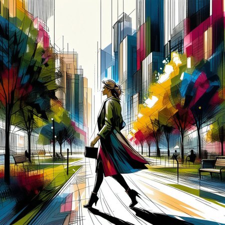 InkBlast, portrait, 1woman walking through a city park