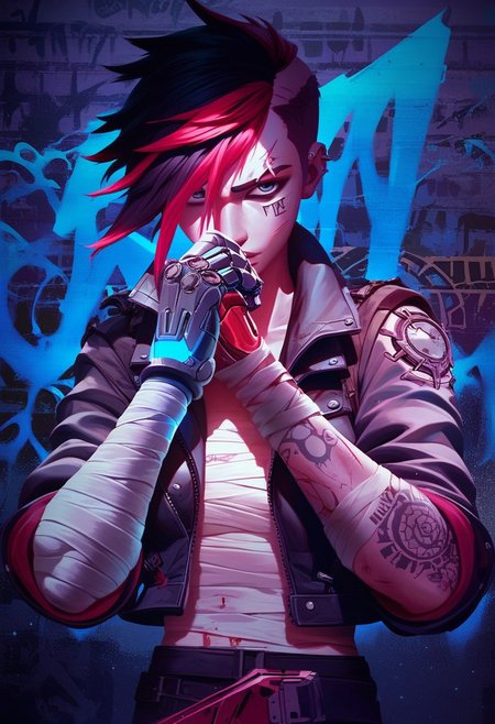 score_9, score_8_up, score_7_up, score_6_up, ARKN2, 1girl, solo, bandages, eyebrow cut, jacket, blood, tattoo, short hair, open clothes, looking at viewer, open jacket, bandaged arm, upper body, bangs, black hair, red hair, piercing, multicolored hair, vi, hands up, (((huge mechanical glove on her right hand))), glowing with blue energy, prepared for combat, graffiti wall background, 8k, masterpiece, ultra details