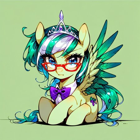 green wings, silver tiara, blue eyes, pony, solo, bowtie, source_anime, violet starlight, score_8_up, tiara, detailed background, happy, dark green hair, wings, flying, thinking, lineart_style, zpdxl2, bow tie, eyebrow raised, sitting, score_9, bow, glasses, purple background