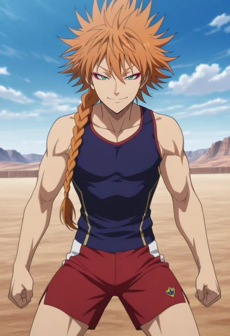 masterpiece, best quality, , anime screencap, anime coloring, , looking at viewer, 1boy, solo, male focus, <lora:leopold_vermillion_ilxl:1>, leopold_vermillion, orange hair, green eyes, spiked hair, long hair, braid, single braid, makeup, eyeshadow, eyeliner, , cowboy shot, sahara desert, day, (dynamic pose), half-closed eyes, smile, Rugby shorts, Sleeveless tank top, , ,